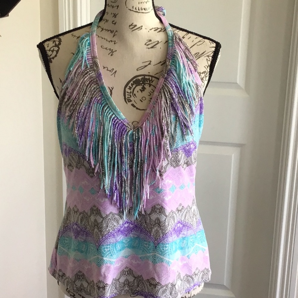Jessica Simpson Purple blue print  Swim Tankini Top  with fringe Sz L